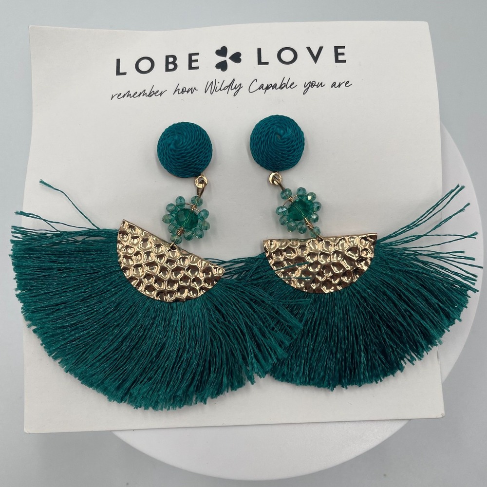 VTG Retro Teal Tassel Statement Earrings Boho Hammered Gold Tone Drop Lobe Love